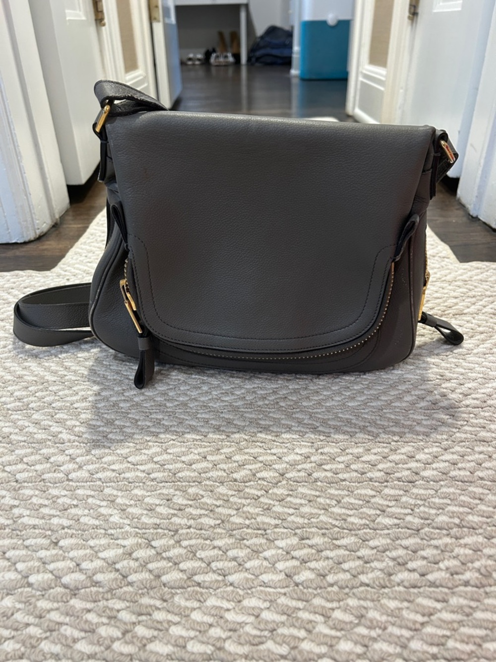 Tom Ford Dark Gray Leather Crossbody Bag with Gold Hardware
